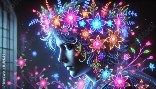 A detailed close-up profile portrait of a character adorned with a crown made of vibrant, glowing flowers. photo