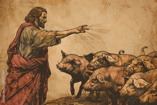 Biblical Illustration of Jesus casting out legion of demons into pigs.