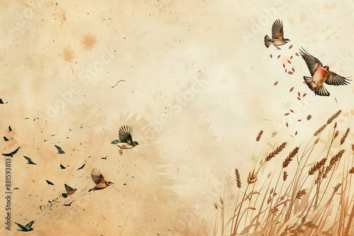 Biblical illustration of the parable of the sower with birds eating seeds. photo