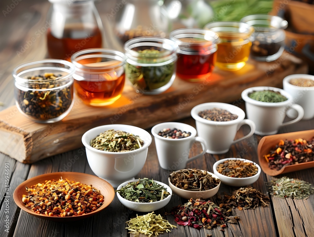 Assortment of Herbal Teas and Ingredients on Rustic Wooden Table Assortment of Herbal Teas and Ingredients on Rustic Wooden Table