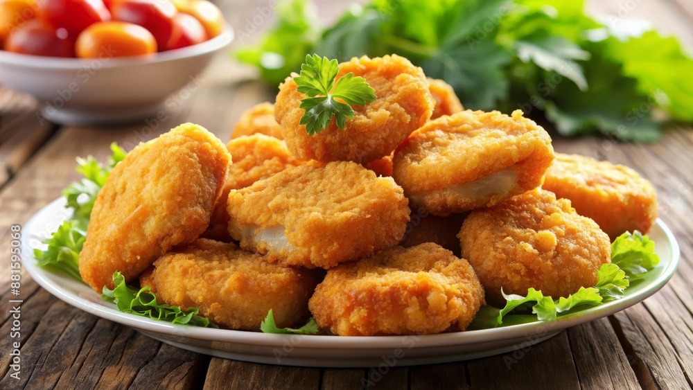 Plate of crispy chicken nuggets with fresh greens on a wooden table. Cherry tomatoes and lettuce in the background. Plate of crispy chicken nuggets with fresh greens on a wooden table. Cherry tomatoes and lettuce in the background.