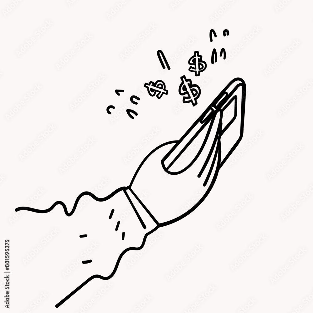 Obraz premium hand drawn doodle hand holding mobile phone with money sign