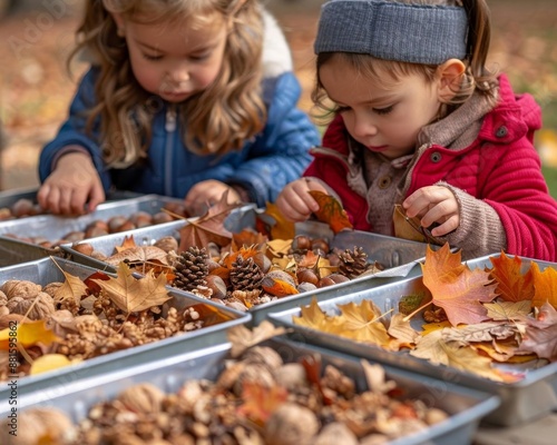 Preschoolers learning about autumn through sensory bins, colorful leaves and nuts, Autumn Education, interactive and tactile learning