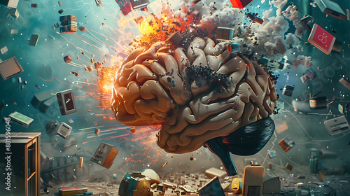 Business People head bursting with information data, symbolizing the overwhelming effects of media and social media addiction.powerful visual metaphor.
