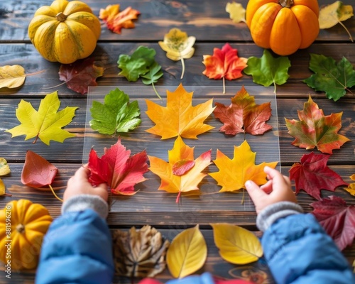 Teacher showing autumnthemed flashcards to preschoolers, colorful leaves, interactive learning, Autumn Education, fun teaching method photo