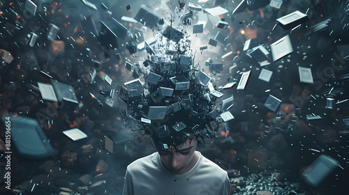 Business People head bursting with information data, symbolizing the overwhelming effects of media and social media addiction.powerful visual metaphor.