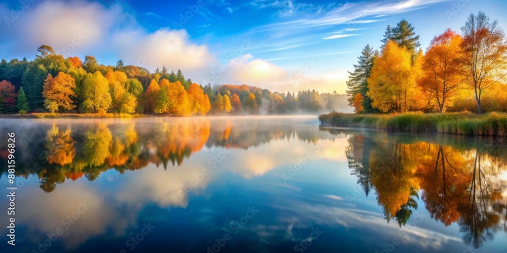 Tranquil lake reflecting the vibrant autumn foliage on a clear morning. The calm water mirrors the colorful trees and blue sky. Tranquil lake reflecting the vibrant autumn foliage on a clear morning. The calm water mirrors the colorful trees and blue sky.