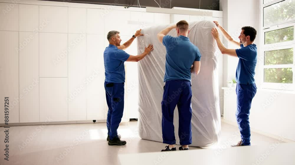 Delivering Comfort: A professional mover in a white uniform carrying a mattress Delivering Comfort: A professional mover in a white uniform carrying a mattress