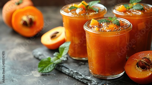  A couple of glasses filled with liquid sit beside sliced peaches and a whole peach on top of a table