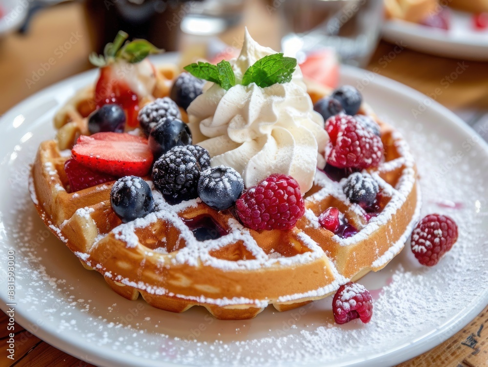 Waffle with Whipped Cream and Berries