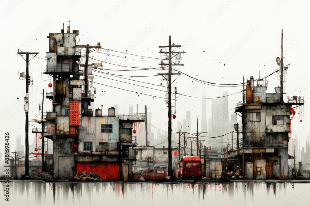 Fototapeta premium Distressed Cityscape with Red Accents