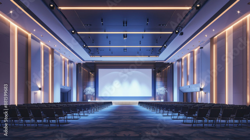 Business event in conference hall meeting room Seminar room indoor style Modern size Large big screen Frame Mockup LED Light black chair black wall background