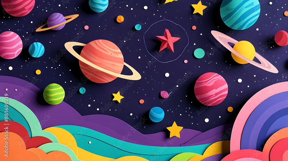 Illustration a cosmic scene with planets, stars, and galaxies made of paper cutouts, creating a unique and textured representation of the universe
Illustration a cosmic scene with planets, stars, and galaxies made of paper cutouts, creating a unique and textured representation of the universe