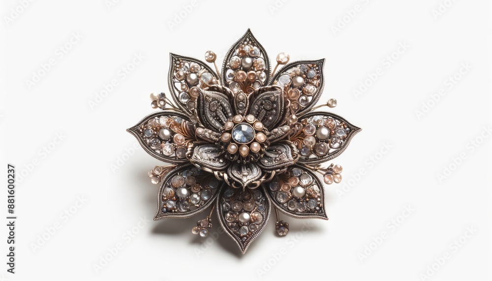 A detailed brooch in the shape of a flower, with petals made of tiny gemstones and intricate metalwork. A detailed brooch in the shape of a flower, with petals made of tiny gemstones and intricate metalwork.