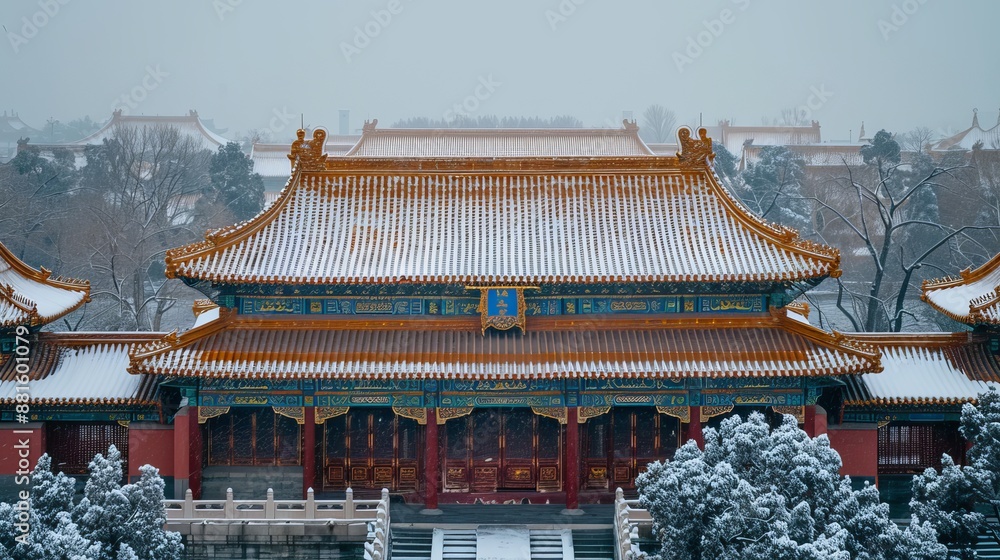 Naklejka premium A picturesque winter scene of the Forbidden City in Beijing, featuring a plaque on a building displaying the palace's name.