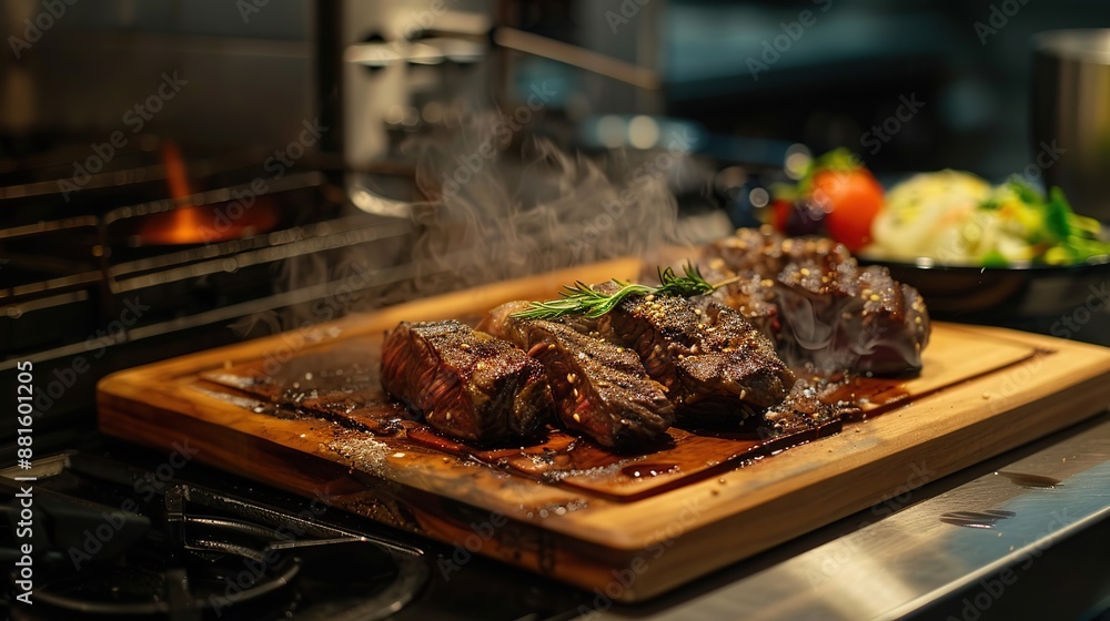 Grilled beef on a wood chop board in kitchen in the restaurant. Image of beef steak. copy space for text. Grilled beef on a wood chop board in kitchen in the restaurant. Image of beef steak. copy space for text.