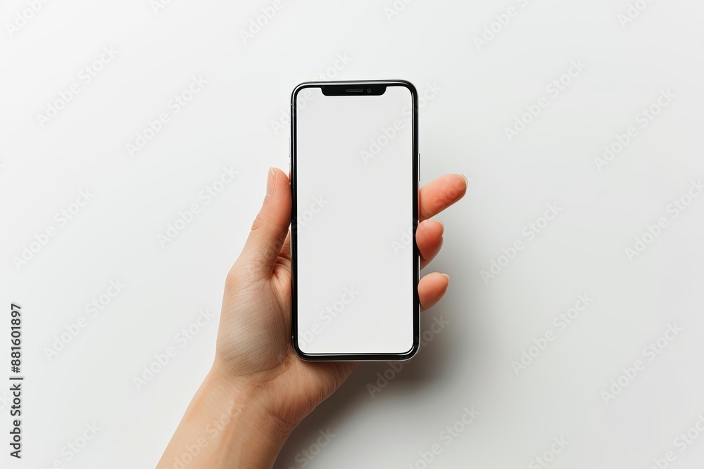 Smartphone mockup on hand with white blank screen created with Generative AI Smartphone mockup on hand with white blank screen created with Generative AI