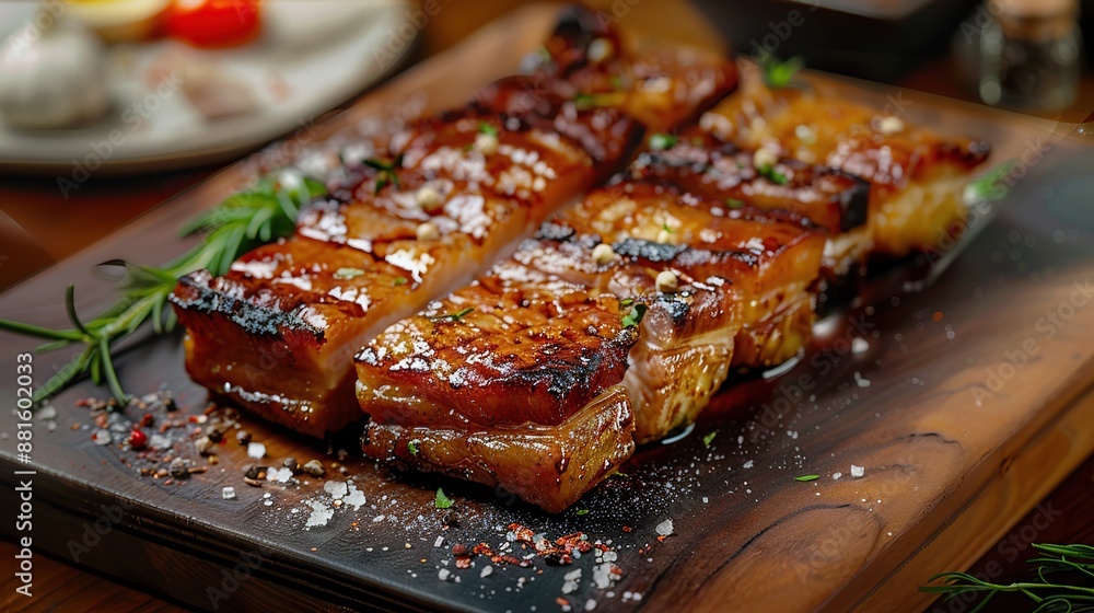 Grilled pork belly on a wood chop board in kitchen in the restaurant. Image of food. copy space for text. Grilled pork belly on a wood chop board in kitchen in the restaurant. Image of food. copy space for text.