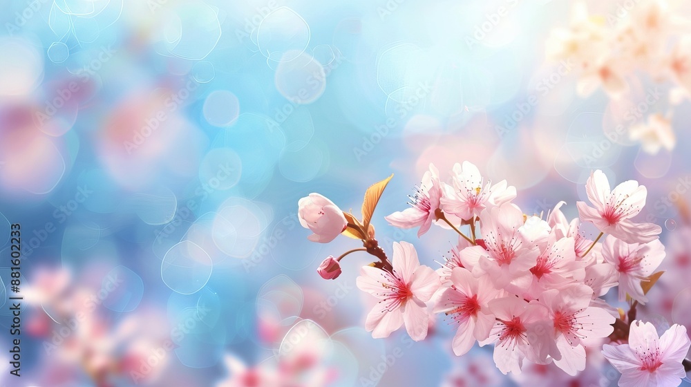 Delicate and beautiful cherry blossoms in full bloom, set against a clear blue sky background, showcasing the exquisite beauty of Sakura, the Japanese cherry blossom. Delicate and beautiful cherry blossoms in full bloom, set against a clear blue sky background, showcasing the exquisite beauty of Sakura, the Japanese cherry blossom.
