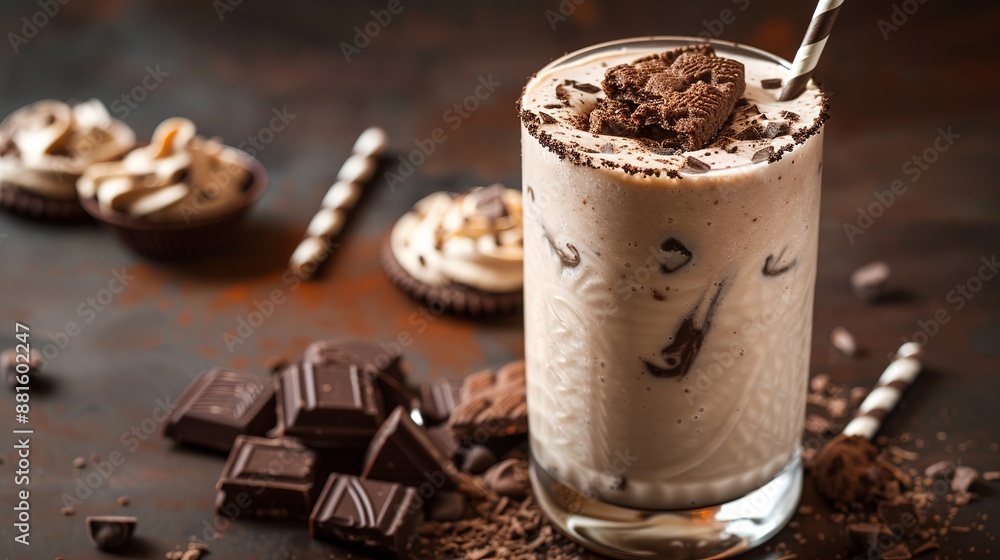 A delicious milkshake blended with chocolate and cookies, presenting a tempting and indulgent treat. A delicious milkshake blended with chocolate and cookies, presenting a tempting and indulgent treat.