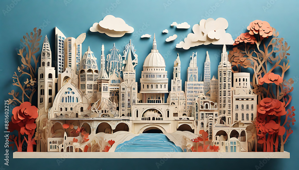 Obraz premium An illustration featuring famous architectural structures made of paper cutouts, showcasing the intricate details and craftsmanship of iconic buildings 