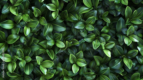 Green leaf pattern background top view. A seamless pattern of vibrant green boxwood leaves © Mentari