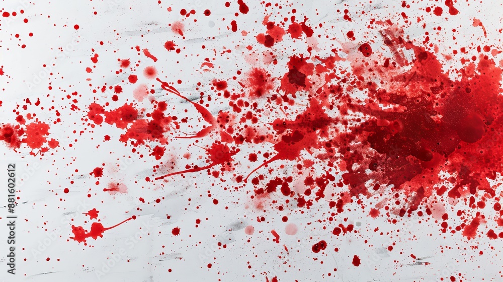 Fototapeta premium A fresh red blood splatter on white porcelain, with tiny specks scattered from the impact, creating a stark and visceral image suitable for horror-themed concepts.