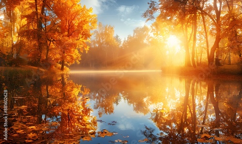 Autumn park scene with golden trees reflected in a calm pond, sunlit foliage creating a picturesque landscape photo