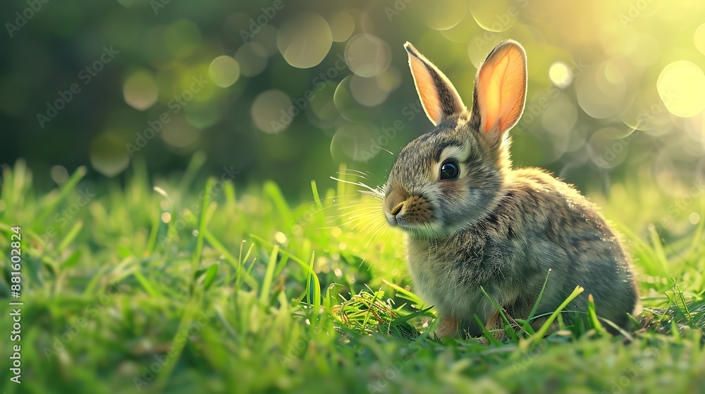 Fototapeta premium Elegant baby rabbit easing on lush grass