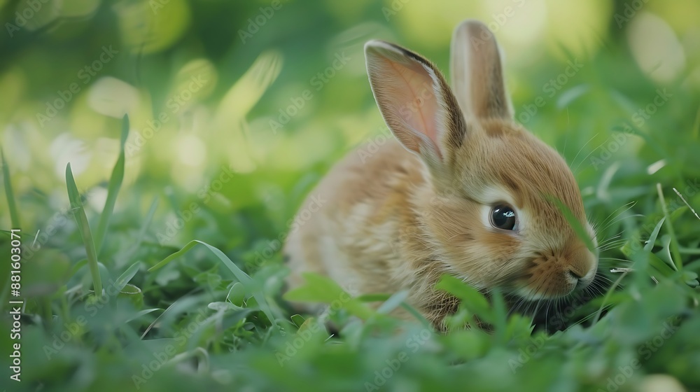 Elegant baby rabbit easing on lush grass Elegant baby rabbit easing on lush grass