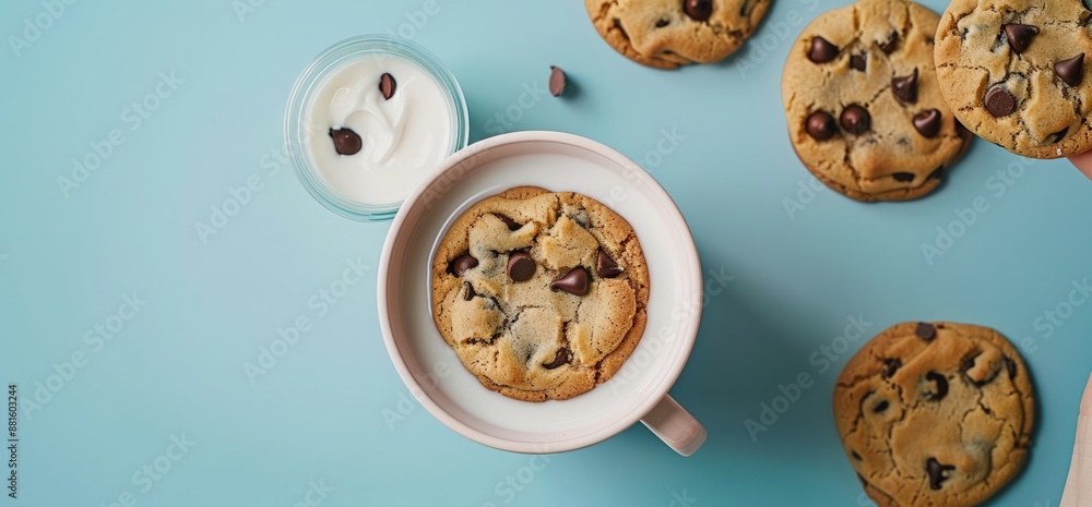 Fototapeta premium grinding cookies with milk on a light blue background for World Chocolate Chip Cookie Day, a hand holding a glass of white cream and a paper cup filled with food