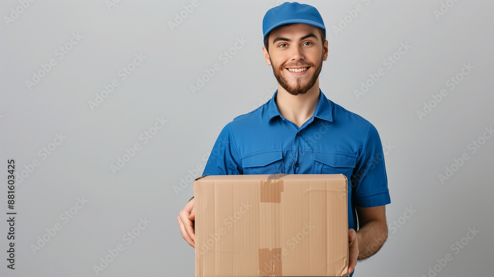 Smiling Postal Worker Holding Cardboard Box Ready for Friendly and Efficient Delivery Service Representing Reliability and Care Smiling Postal Worker Holding Cardboard Box Ready for Friendly and Efficient Delivery Service Representing Reliability and Care