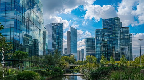 Paris, France - September 2, 2019: Skyscrapers in the financial district of La Défense, Paris, France, showcasing modern architecture and bustling business activities.