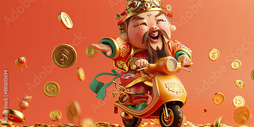 God of wealth rides on scooter and holds red packets for lunar year, 