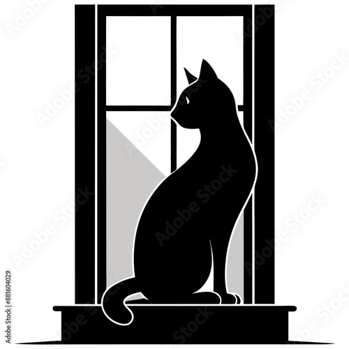 Silhouette of a cat sitting on a windowsill, profile view, looking outside.