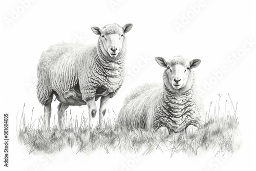 Two sheep sketch. Farm animals in grass illustration