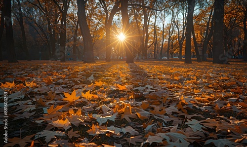 Golden hour in an autumn park, yellow foliage, sun casting long shadows, and a blanket of fallen leaves photo