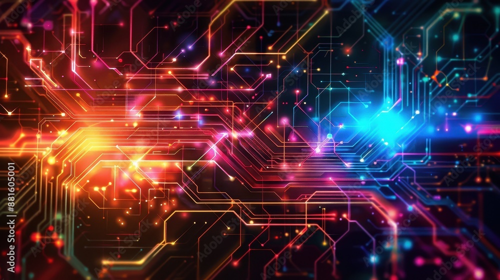 Techno Glow - Abstract Futuristic Digital Circuit Board Background with Vibrant Colorful Lines Techno Glow - Abstract Futuristic Digital Circuit Board Background with Vibrant Colorful Lines