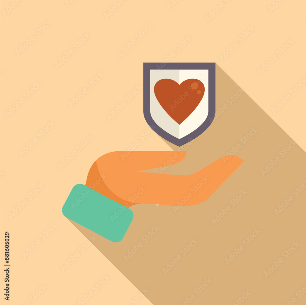 Open hand holding a shield protecting a red heart, in flat design style with long shadow Open hand holding a shield protecting a red heart, in flat design style with long shadow