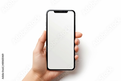 Smartphone mockup on hand with white blank screen created with Generative AI