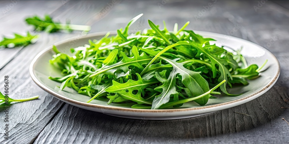 Vibrant arugula leaves on a white plate, showcasing its zesty freshness and nutrient-rich qualities, arugula, green, fresh Vibrant arugula leaves on a white plate, showcasing its zesty freshness and nutrient-rich qualities, arugula, green, fresh