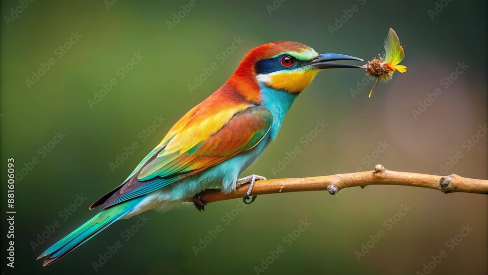 Fototapeta premium Wide shot of a Bee-eater catching an insect, studio portrait.