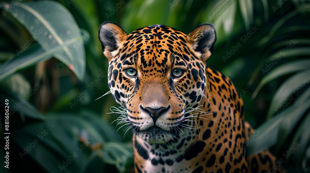 Stunning Jaguar Portrait: Detailed Frontal View in Lush Greenery Stunning Jaguar Portrait: Detailed Frontal View in Lush Greenery