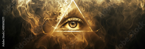 All Seeing Eye Illuminati Freemasons Symbol on Dark Background with Smoke Mystery and Occult Symbolism