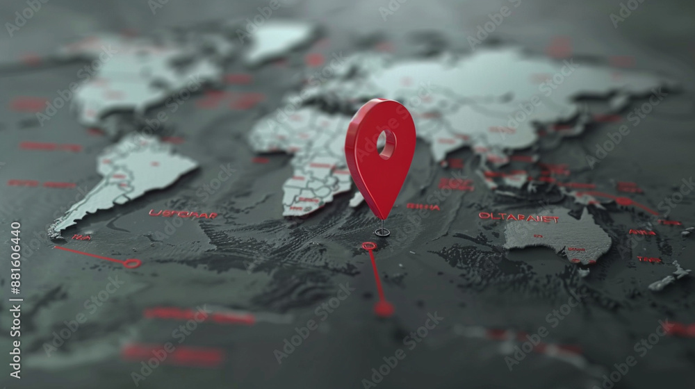 Global Travel Destination: Red Pointer on World Map Global Travel Destination: Red Pointer on World Map