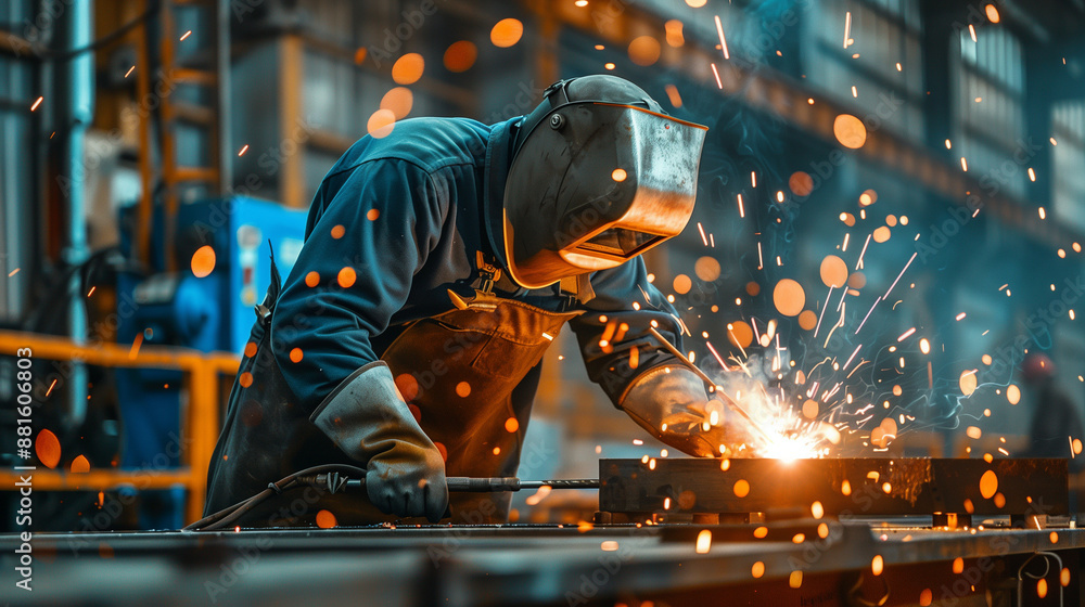 Welder Performing Welding in Metallurgical Industry Suit and Mask, Industrial Safety and Metal Fabrication Process Welder Performing Welding in Metallurgical Industry Suit and Mask, Industrial Safety and Metal Fabrication Process
