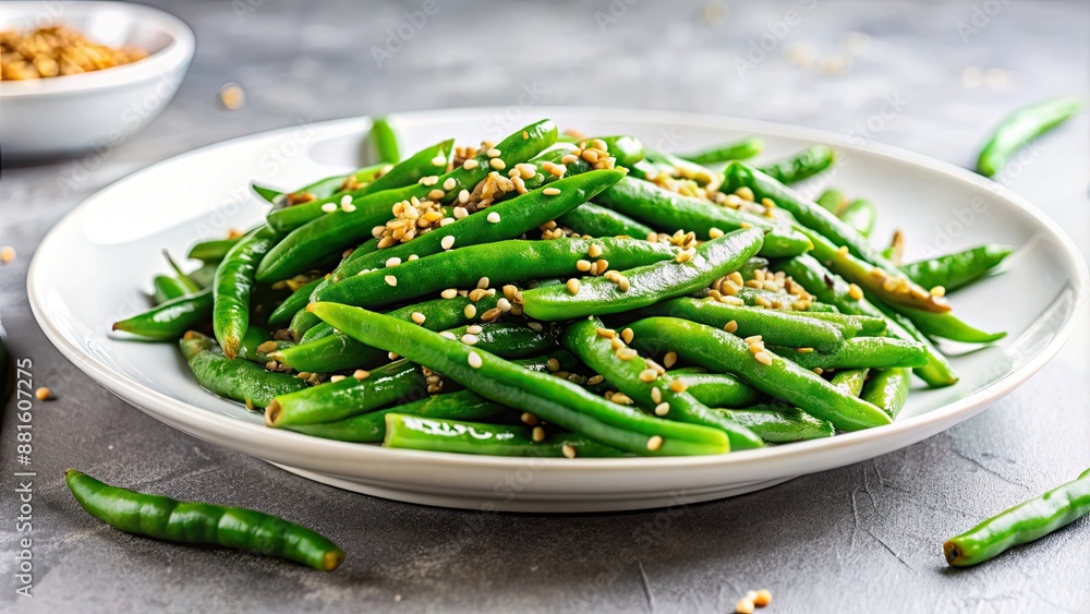Vibrant green beans sprinkled with sesame seeds on a white plate , fresh, vegetables, healthy, side dish Vibrant green beans sprinkled with sesame seeds on a white plate , fresh, vegetables, healthy, side dish