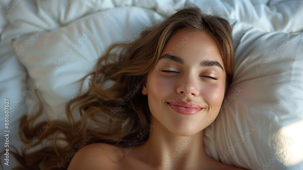 Image of a young smiling beautiful lady lying in bed indoors. Eyes closed, smile. Image of a young smiling beautiful lady lying in bed indoors. Eyes closed, smile.