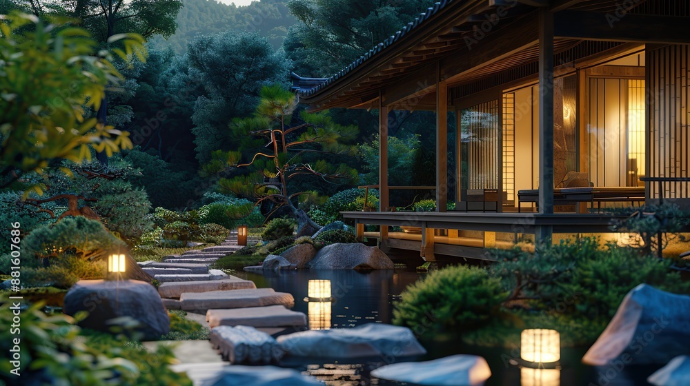Naklejka premium Typical Japanese gardens at first light in the morning. Warm vibes. House lights on. copy space for text.