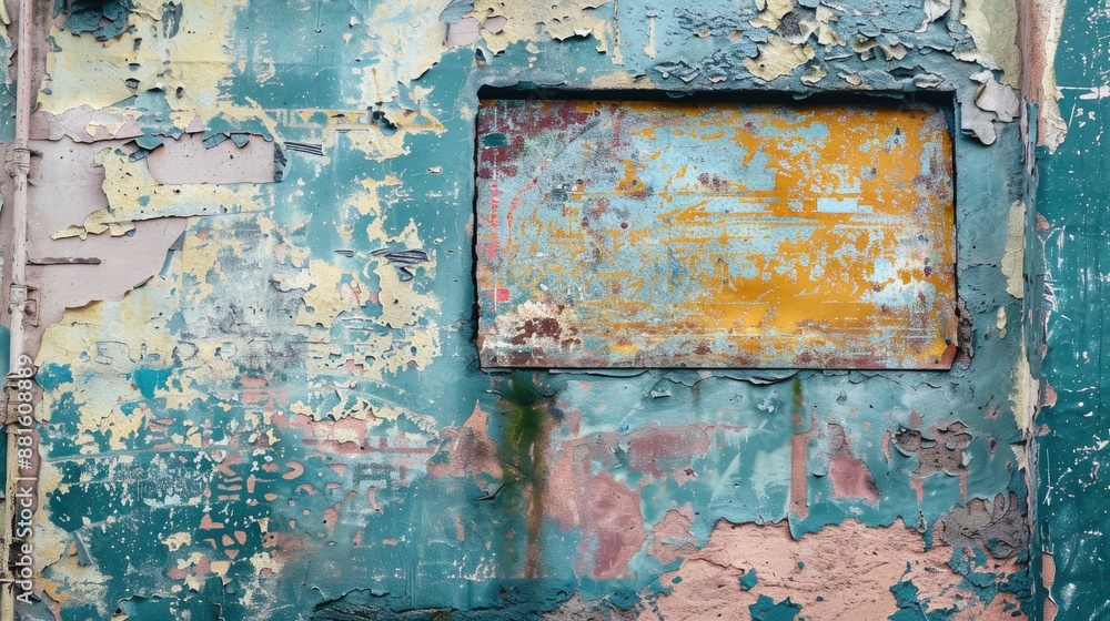 A weathered advertisement mounted on a wall A weathered advertisement mounted on a wall